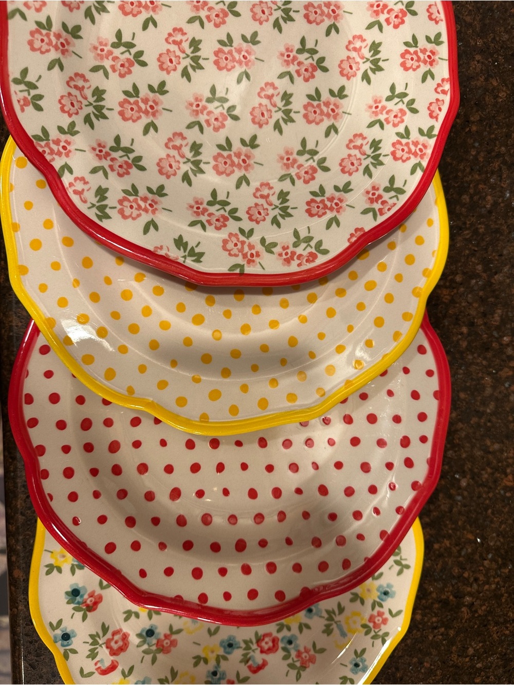 Pioneer Woman Floral & Polka Dot Party Plates - Red,Yellow set of 4 salad plates